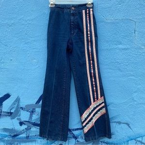 Vintage 80s City Girl jeans, dark blue, pink floral ribbon stripes, 23” waist